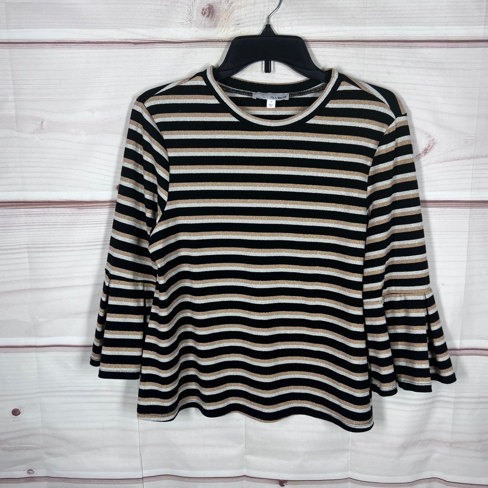 Isla Maude Top Women Small Black Striped Bell Sleeve Metallic Ribbed Knit Shirt